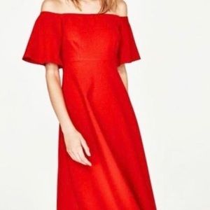 ZARA WOMEN, Off Shoulder Red Midi Maxi Dress